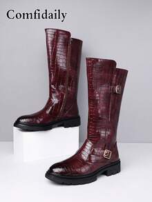 男士冬季新款时尚搭扣装饰纯色休闲靴，格子皮机车靴 - 酒紅色 - 查看 14