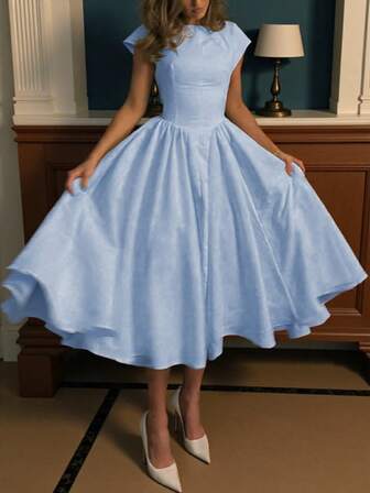 Apricot Elegant French Style Fit & Flare Backless Cutout Midi Dress, Suitable For Daily Dates