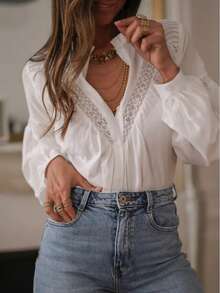Áo kiểu nữ màu trắng trơn phối ren. - trắng - Xem 4