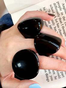 1 套 3 款几何简约设计树脂圆形和方形夸张戒指，女士珠宝配饰 - 彩色 - 查看 2