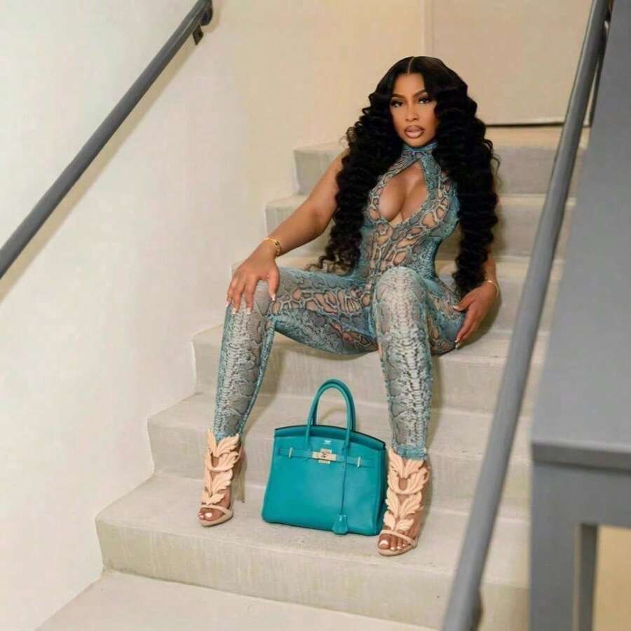 Sexy Style Hollow-Out Animal Print Hip-Hugging Halter Jumpsuit For Women - 藍色 - 查看 1