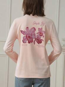 1 件女童休闲印花圆领长袖 T 恤，秋季学生年轻服装 - 粉色 - 查看 2