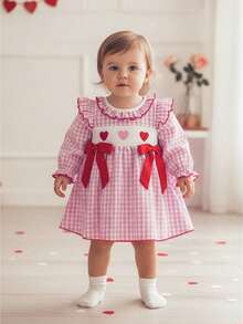 Little Toddler Girls Valentine's Day Dress Long Sleeve Ruffled Round Neck Heart Embroidery Bownot Plaid A-Line Dress - 紅色 - 查看 1