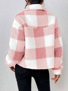 Abrigo de solapa de manga larga con cuadros casuales de felpa para otoño e invierno para mujer,Chaqueta para mujer,Chaqueta de cuadros para mujer - Rosa - Ver 2