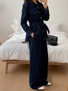 DAZY 秋冬新款宽松休闲做旧水洗收腰女式牛仔套装 - 藍色 - 查看 4