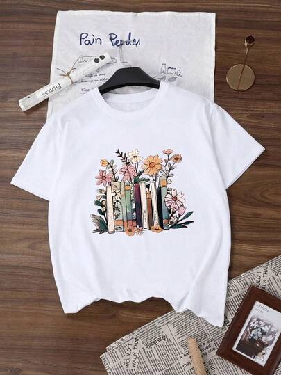 Es Trus Plus Camiseta de manga corta holgada de cuello redondo de estilo punk convencional, de talla grande, con estampado de plantas y libros, de moda retro cómoda y versátil, adecuada para el ocio al aire libre, en la versión coreana del estilo de vida urbano Y2k.