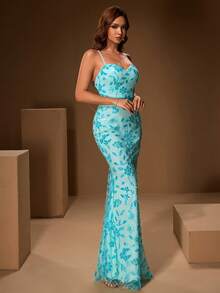 Vestido elegante y sexy para damas con lentejuelas, cuentas bordadas, vestido largo sin espalda adecuado para fiestas de moda, bodas y cenas - Azul - Ver 6