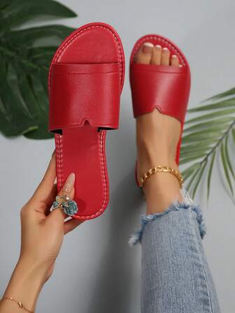 Women Casual Flat Slippers, Spring/Summer Round Toe Open-Toe Red Slippers, Outdoor Beach Sandals