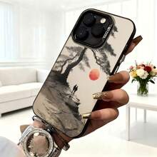 Carcasa para iPhone con diseño de árbol y sol rojo en estilo acuarela gris y blanco para uso diario en cafeterías - Blanco - Ver 6