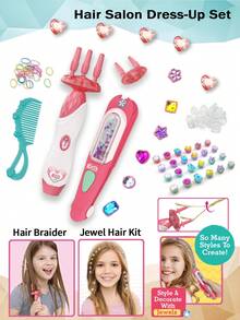 Girls' Hair Styling DIY Set - Magic Braider And 8 Gem Hair Accessories. This Salon Role-Play Set Includes A Children's Automatic Hair Braider That Can Create Pigtails, Twists, And Fishtail Braids, As Well As Various Styling Tools. The Set Contains A Braiding Aid, Comb, Colored Hair Ties, Headbands, Faux Gemstone Beads, And Shiny Hair Clips - All Designed Specifically For Girls To Safely Learn Braiding And Explore Their Creativity.
