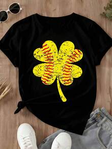 Women's Casual T-Shirt Baseball Clover Print For St Patricks Day Party Outfit - 黑色 - 查看 2