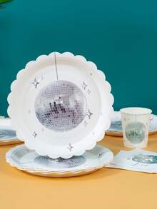 100/25/10pcs Silver Disco Ball Petal Shaped Disposable Plates Napkins Cups, Disco Ball Theme Plates Napkins And Cups Party Supplies, Suitable For 25 Guests, Disposable Paper Plates Party Tableware Suitable For Birthday Wedding Party Family Picnic - Multicolor - View 3