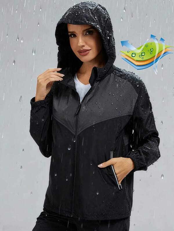 1PC Casual Waterproof Jacket For Women, Zipper Hood Color Clash Raincoat For Outdoor Sports