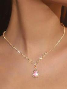 Dây chuyền mặt hình giọt nước Cubic Zirconia màu xanh navy cổ điển, Dây chuyền phong cách tiệc tùng thanh lịch dành cho nữ, Dây chuyền quà tặng tinh tế - màu xanh vàng - Xem 9