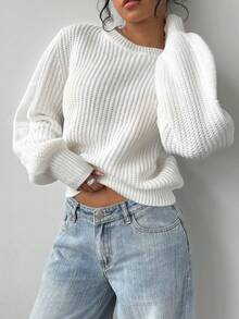 Vuslat 女士宽松白色毛衣，休闲圆领长袖套头衫，优雅休闲外出上衣，街头风，基础款上衣 - 白色 - 查看 6