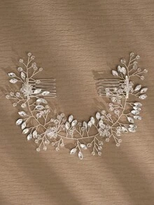 Pente de cabelo de noiva com pérolas artificiais e strass (1 peça), acessório de cabelo artesanal simples e versátil para mulheres, ideal para o Dia dos Namorados e casamentos. - Prata - Ver 19