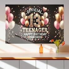 2D平面单件装亮面玫瑰金13岁生日横幅 - 耐用涤纶材质，可重复使用，青少年派对装饰，印有“Official Teenager”字样，包含气球和星星，适用于家庭、庭院、影棚道具和节日庆典，时尚气球布置，光滑表面，生日派对装饰