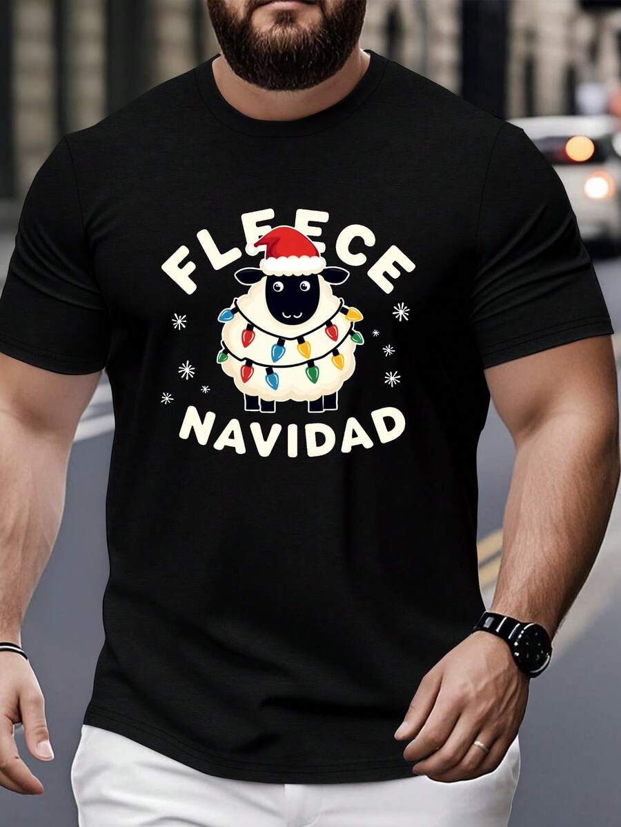 Camiseta gráfica de Navidad de forro polar para hombres - Talla grande, manga corta, camiseta casual de vacaciones con diseño de ovejas, luces y copos de nieve, cuello redondo, lavable a máquina, atuendo festivo (para hombres grandes y altos), moda de temporada, textura arrugada, tela suave, material cómodo, TALLA GRANDE - Negro - Ver 1