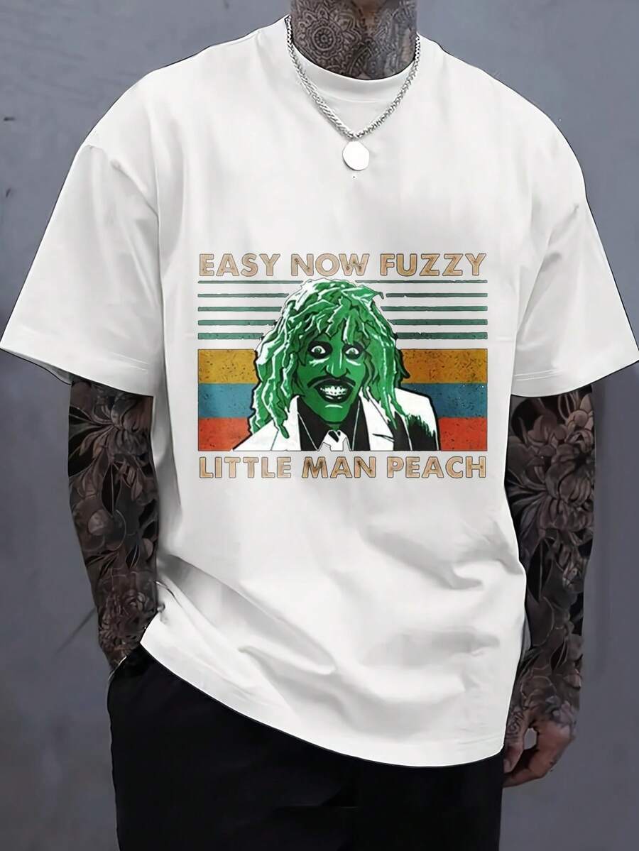 Men's Print T-Shirt - Easy Now Fuzzy Little Man Peach Casual Round Neck Short Sleeve Tee For Urban Streetwear, All-Season Comfort Fit
-White - trắng - Xem 1