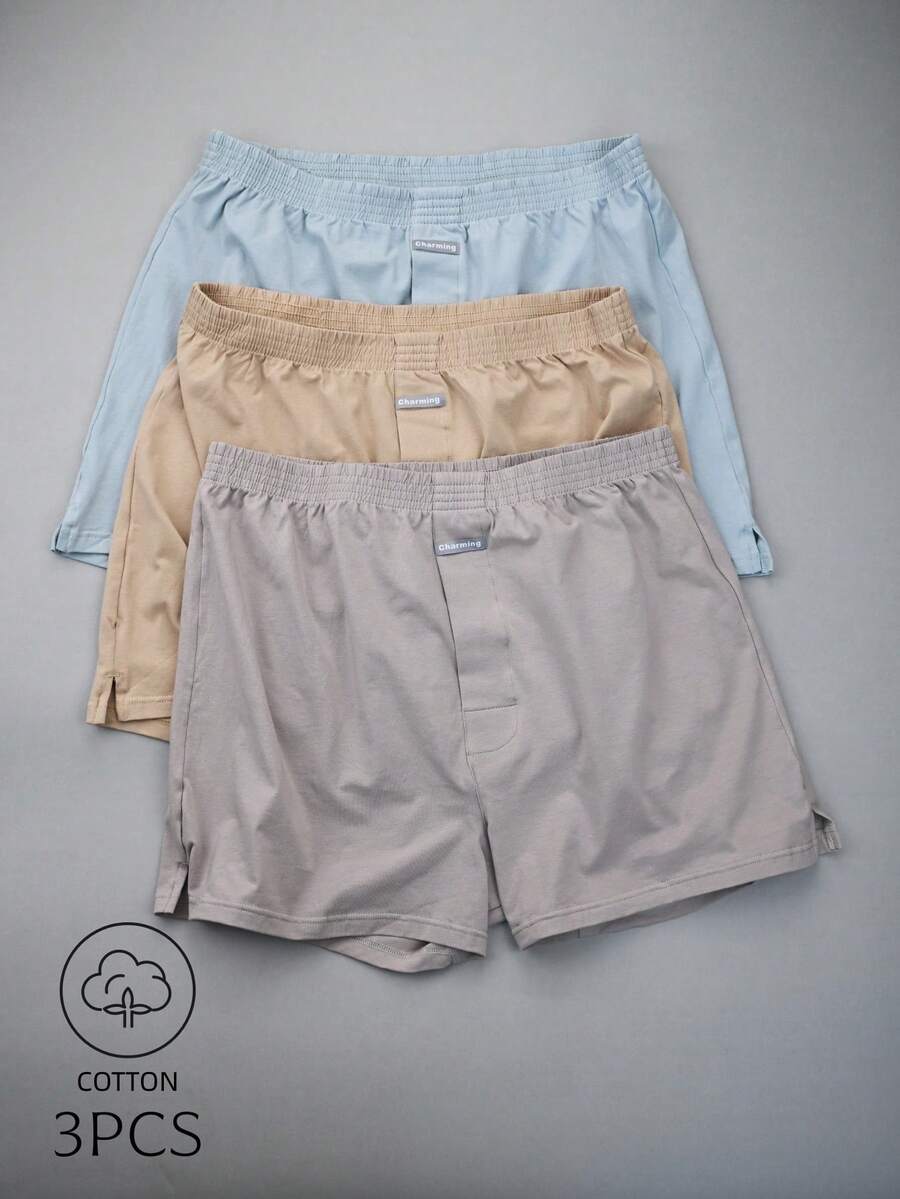 3pcs Casual Basic Knit Fabric Elastic Soft Mid-Waist Men's Loose Fit Crotch Front Closure Pants