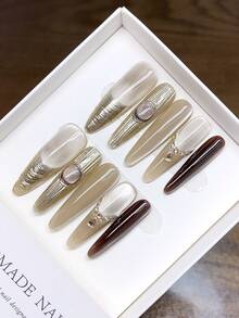 纯手工制作长椭圆形美甲贴片；手绘猫眼个性化秋冬美甲；高品质简约设计美甲贴片，覆盖式假指甲，Y2K风格美甲用品，手工按压式美甲贴片 - 彩色 - 查看 5