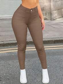 Apperloth A 加大高腰口袋拉链门襟纯色紧身裤