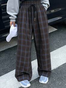 Livesso 女士秋冬格子系带前袋休闲裤 - 棕色 - 查看 1