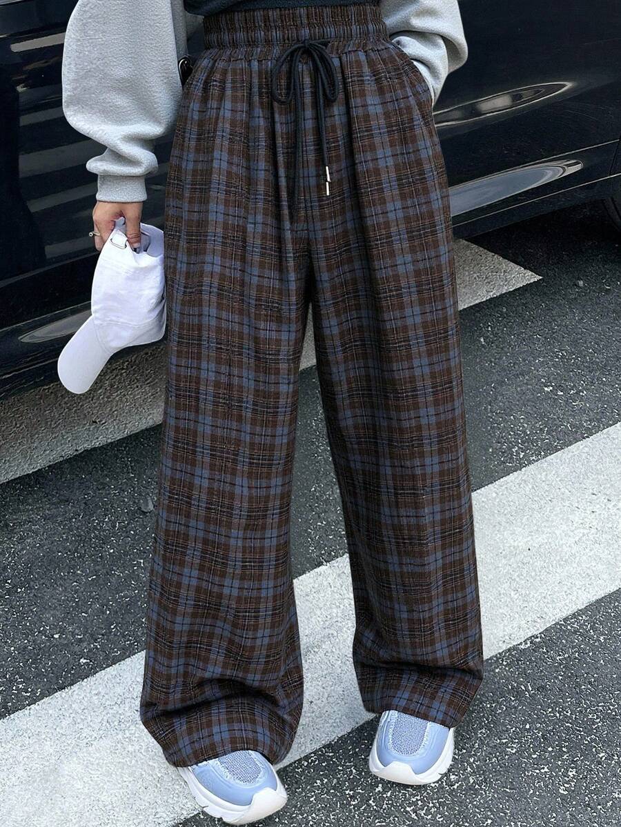 Livesso 女士秋冬格子系带前袋休闲裤 - 棕色 - 查看 1