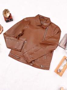 Apperloth A Dây kéo chất liệu da PU Áo khoác moto - màu nâu - Xem 7