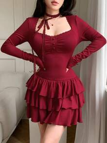 abyoxi 女士酒红色蕾丝拼接方领连衣裙，系带设计，前单排扣，后拉链，长袖收腰，多层荷叶边迷你连衣裙，内置弹力针织短裤内衬，性感复古，优雅浪漫，适合约会、派对晚宴、新年、情人节、秋冬等场合的短款连衣裙 - 酒紅色 - 查看 5