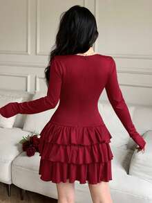 abyoxi 女士酒红色蕾丝拼接方领连衣裙，系带设计，前单排扣，后拉链，长袖收腰，多层荷叶边迷你连衣裙，内置弹力针织短裤内衬，性感复古，优雅浪漫，适合约会、派对晚宴、新年、情人节、秋冬等场合的短款连衣裙 - 酒紅色 - 查看 2