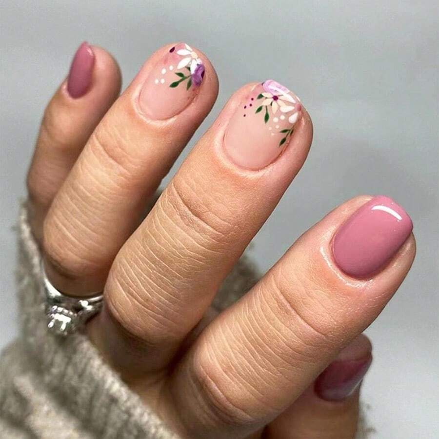XAPY Press On Nails Sh Square Fake Nails With Floral Designs Purple Nails Press Ons Glos Glue On Nails Acrylic Nails Nude False Nails Aficial Stick On Nails For Wen 24Pcs - Màu tím - Xem 1