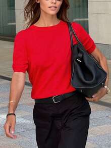 女士休闲纯色短袖针织上衣纯色毛衣针织上衣羊毛高领短袖套头毛衣女士基本款 T 恤，纯色宽松 T 恤，纯色运动上衣，汗衫柔软上衣，春夏秋