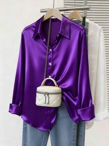 Fashionable Women's Satin Button-Up Shirt, New Arrival, Casual, All Season - Purple - View 1