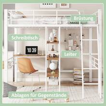 High Bed, 90*200cm, Without Mattress, Bed With Desk, Multiple Shelves, Railing, Ladder, Iron Frame, Black - 白色 + 金屬 + 90厘米*200厘米 - 查看 3