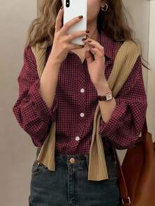 Women's Casual Plaid Long Sleeve Shirt, Button Front Dropped Shoulder Blouse Top, Regular Fit Woven Fabric - Red - View 3