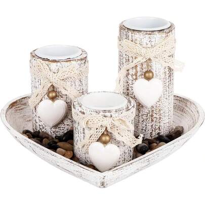 White Wooden Candle Holder Set, Tea Candle Holder, Cute Wooden Decorative Bowl, Includes Tea Candle Holder And Decorative Stones, Creates A Warm Atmosphere, Cylindrical Wooden Candle Holder, Suitable As Wedding Anniversary, Mother's Day Gift, Party Decor, Housewarming Gift, Valentine's Day Gift, Living Room Coffee Table Decor, Fireplace Decor, Vintage Rustic Desktop Decor, Living Room Accessory, Christmas Dining Table Centerpiece