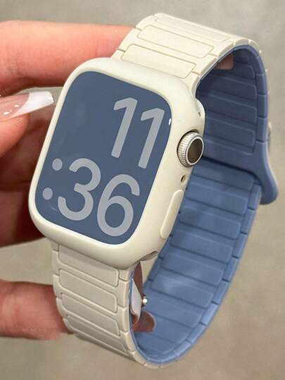 1Set Two-Color Magnetic Buckle Silicone Strap + Watch Case Compatible With Apple Watch Band 46mm 38mm 40mm 41mm 42mm 44mm 45mm 49mm Cute Girl Candy Color Wristband With Protective Cover Compatible With IWatch Series 11 10 9 8 7 6 5 SE Ultra 2