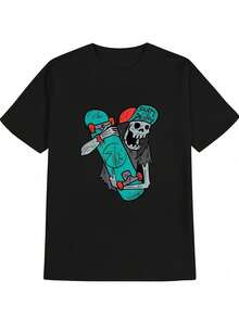 T-shirt in 100% cotone, comoda e casual, con stampa vintage vintage di teschio di skater, collo rotondo, traspirante, 180g - nero - Visualizzare 1