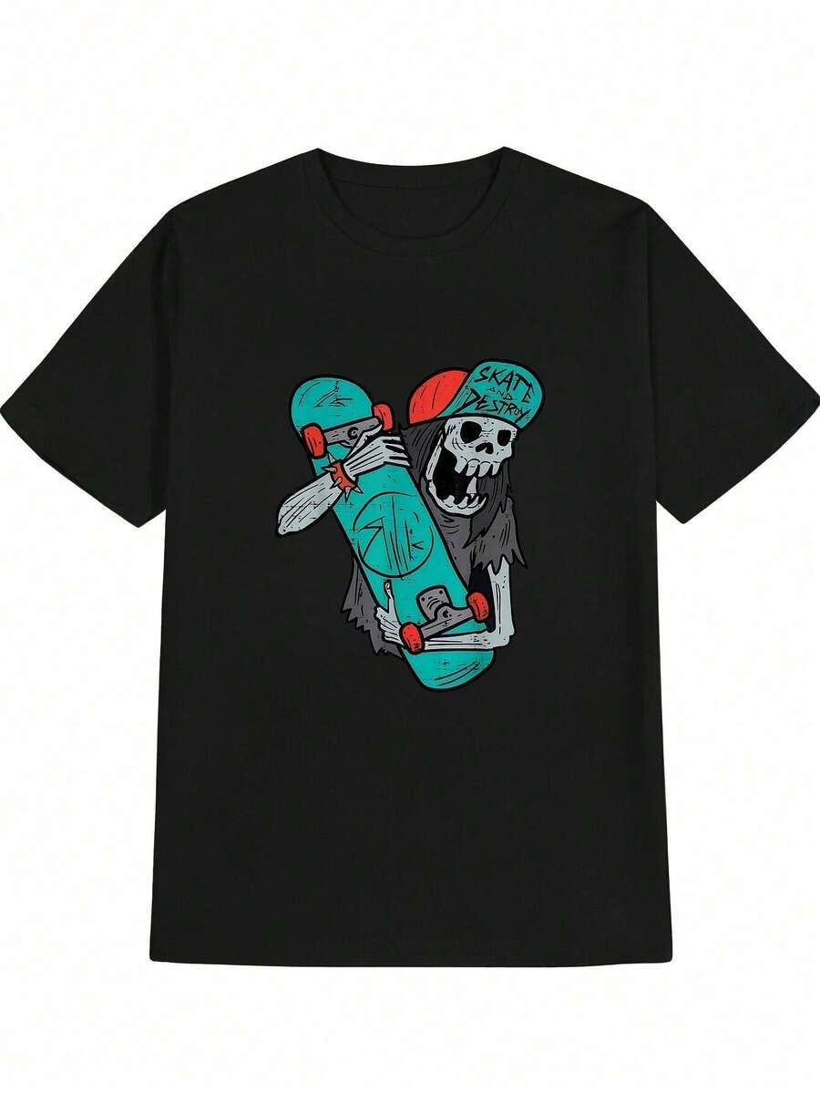 T-shirt in 100% cotone, comoda e casual, con stampa vintage vintage di teschio di skater, collo rotondo, traspirante, 180g - nero - Visualizzare 1