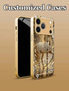 1pc Customizable Phone Case With Luxury Diamond Gold Horse Design, Tempered Glass Material, Compatible With Iphone 17 Air/16 ProMax/15 Pro/14 Plus/13 Pro/12 Pro Max/11/Xs Max/8/7/6 Plus, S24 Ultra/S25 Ultra/A12, Elegant Luxury Minimalist Design, Creative Personalized Durable Protective Case, Gift - Gold - View 3