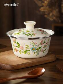 1 pieza Tazón de arroz esmaltado con estampado, también apto para tazón de sopa, tazón de fideos instantáneos, tazón esmaltado, material metálico resistente a los arañazos, apto para lavavajillas, utensilio de cocina esencial para cocinar en casa y comidas de camping - Cuenco esmaltado - Ver 2