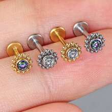 1 pieza Giga Piercing de titanio ASTM F136 de 16G con mini cuentas, pendiente sin rosca con flor de circonita cúbica en la parte posterior plana para tragus, cartílago, hélice, concha y nariz para mujeres, clásico - Dorado - Ver 11