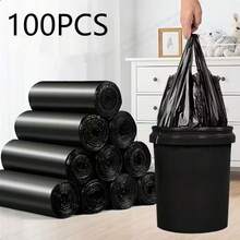 100pcs Black Garbage Bags, Made Of Durable PE Material, With Handles And Tear Lines.