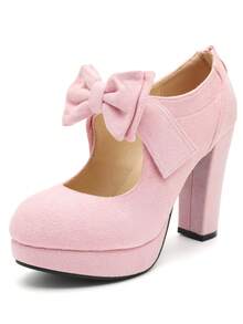 MAIERNISI JESSI Womens Bow Heels Mary Jane Shoes Round Toe Platform Chunky High Heel Vintage Dress Pumps - 粉紅色絨面 - 查看 13