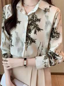 Women's New Arrival Elegant Printed Casual Shirt, Long Sleeve Design, Suitable For Daily Wear And Vacation - White and Green - View 4