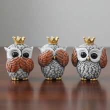 3 Pcs Creative Mini Owl Ornament Adorable Animal Resin Statues for Home Party Room Tabletop Decor - Amarillo - Ver 3