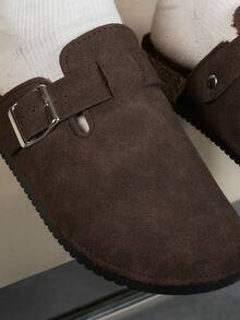 女士休闲纯色绒面革一脚蹬穆勒拖鞋,有保暖内衬和非保暖内衬版本 - 深咖啡加絨 - 查看 7
