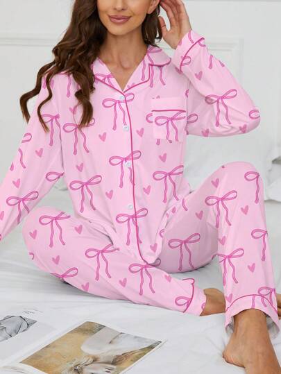 2pcs/Set Autumn/Winter Pink Bowknot Print Women Pajama Set, Comfortable Long Sleeve Lapel Button Down Shirt With Chest Pocket And Relaxed Elastic Waist Pants, Casual Outdoor & Indoor Warm Sleepwear & Loungewear,Two Pieces Set, Fall Clothes