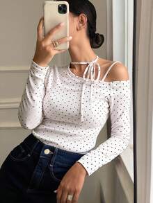 Livesso 女士斜领不对称领口长袖波点抽绳系肩修身休闲百搭T恤，秋季款 - 米色 - 查看 1